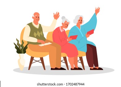 Happy Elderly Playing Bingo Together. Old Man And Woman Playing Bingo. Seniors Spend Time Together Playing Retro Board Game. Retirement Lidestyle Concept. Isolated Flat Vector Illustration