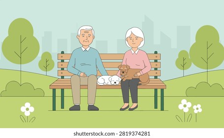 Happy elderly retired couple sitting peacefully on a wooden park bench with their two cute companion dogs in a city park.