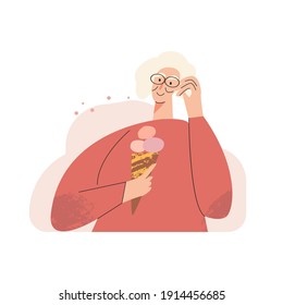 Happy elderly senior adult. Aged woman is enjoying the moment. Silver generation female character eat icecream. Active pensioner modern flat vector illustration isolated white background