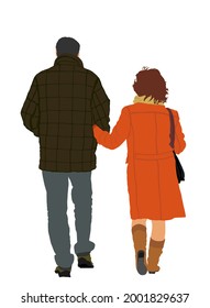 Happy elderly senior couple holding hands vector illustration isolated on white background. Mature woman and man in love together walking. People active life. Father and mother in love. Outdoor active