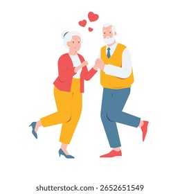 Happy elderly senior couple holding hands and dancing in love isolated on transparent background