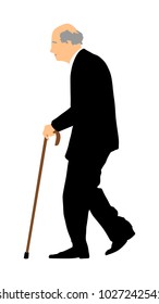 Happy elderly senior walking alone vector isolated on white. Old man person with stick. Mature old people active life. Grandfather outdoor in park. Health care in nursing home. Loneliness  worried.