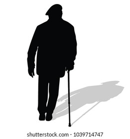 Happy elderly senior walking alone vector isolated on white . Old man person with stick. Mature old people active life. Grandfather outdoor. Vector