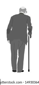 Happy elderly senior walking alone vector isolated on white . Old man person with stick. Mature old people active life. Grandfather outdoor in park. Health care in nursing home. Loneliness  worried.