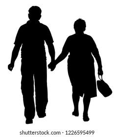 Happy elderly seniors couple hold hands vector silhouette. Mature coupe in love together on white background. Grandmother and grandfather closeness in public. Golden age for travel and peace in soul.