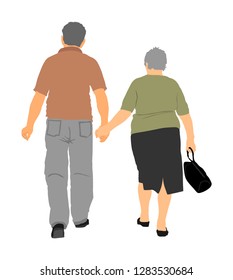 Happy elderly seniors couple hold hands vector illustration. Mature coupe in love together on white background. Grandmother and grandfather closeness in public. Golden age for travel and peace in soul