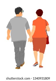 Happy elderly seniors couple hold hands vector illustration. Mature coupe in love together on white background. Grandmother and grandfather closeness in public. Golden age for travel and peace in soul