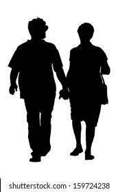 Happy elderly seniors couple hold hands vector silhouette. Mature coupe in love together on white background. Grandmother and grandfather closeness in public. Golden age for travel and peace in soul.