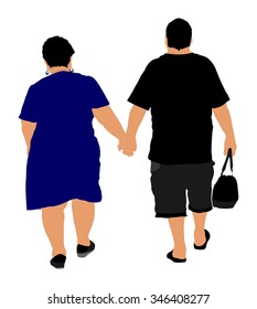 Happy elderly seniors couple hold hands vector. Mature fat coupe in love together on background. Grandmother and grandfather closeness in public. Golden age for travel and peace in soul. health care.