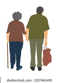 Happy elderly seniors couple holding hands together vector isolated. Old man person walking with stick. Mature old people active life. Grandfather and grandmother in love. Health care in nursing home.