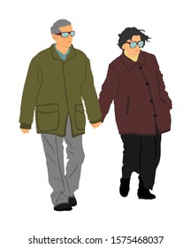 Happy elderly seniors couple holding hands vector isolated on white . Old man person together walking without stick. Mature old people active life. Grandfather and grandmother in love. Health care.