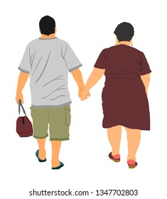 Happy elderly seniors fat couple hold hands vector illustration. Mature coupe in love together on background. Grandmother and grandfather closeness in public. Golden age for travel and peace in soul.