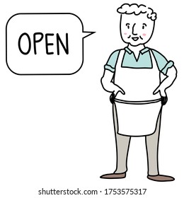 Happy elderly shopkeeper in apron standing with open signage. Cheerful senior man in apron welcoming customer. Smiling mature man in apron standing with speech bubble, saying open.