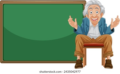 Happy elderly teacher gesturing in front of chalkboard