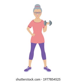 Happy Elderly Woman With Barbell Icon Vector. Cheerful Old Woman Exercise Hold Dumbbell Vector. Senior Fitness Exercise Icon Isolated On A White Background