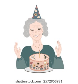 Happy elderly woman with a birthday cake. Senior lady celebrating her birthday. Happy Birthday vector isolated illustration.