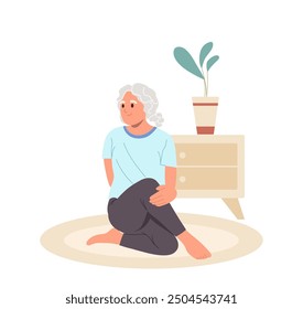 Happy elderly woman cartoon character doing yoga stretching exercise on fitness mat at home