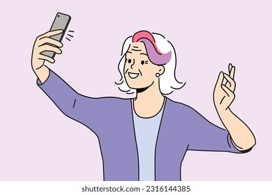 Happy elderly woman with colorful hair make selfie on smartphone. Smiling old grandmother feel cool and positive take self-portrait picture on cell. Vector illustration. 