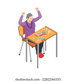 Happy elderly woman drawing at desk isometric vector illustration