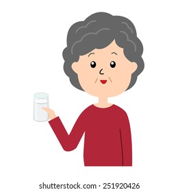 A happy elderly woman with a glass of milk in her hand, vector illustration