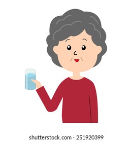 A happy elderly woman with a glass of water in her hand, vector illustration