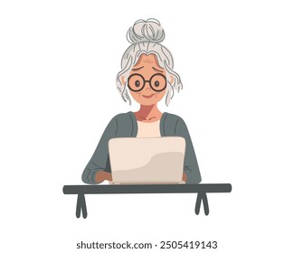 Happy elderly woman with glasses at table with laptop