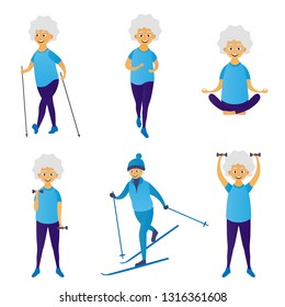 Happy elderly woman goes in for sports set. Skiing, dumbbell exercises, running, yoga, nordic walking. Elderly people active lifestyle. Vector illustration
