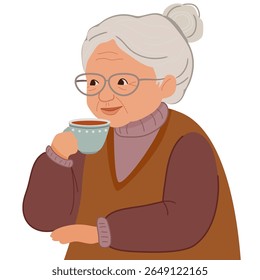 Happy elderly woman with gray hair drinking tea from mug. Retirement, pension, elderly care and health concept.