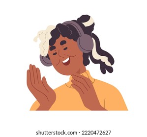 Happy elderly woman in headphones, listening to music and singing. Modern trendy senior female, face portrait. Positive smiling aged character. Flat vector illustration isolated on white background