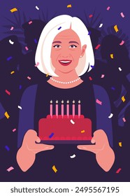 Happy elderly woman holding a cake with candles. Birthday party. Family celebration. Vector flat illustration