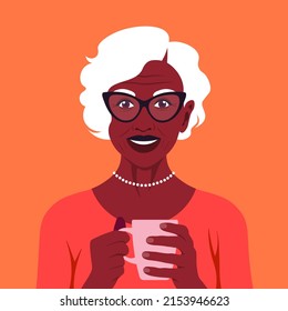 Happy elderly woman is holding a cup of coffee or tea in her hands. Breakfast at home and office. African grandmother. Vector flat illustration