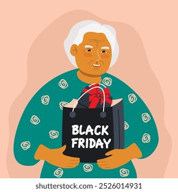 Happy elderly woman holding handbag with gift.Package with hand written Black Friday.Grey-haired female
 character is drawn to the waist.Vector design for banner template,card,flyer.Flat illustration.