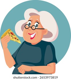
Feliz mulher idosa segurando uma pizza Slice Vetor Cartoon. Vovó engraçada tendo um jantar de estilo italiano apreciando
