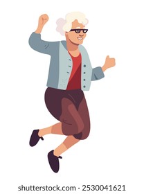 Happy elderly woman joyfully dancing or jumping on a white background, symbolizing vitality, energy and a positive outlook on aging