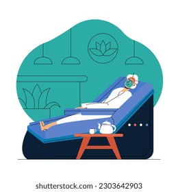 Happy elderly woman lying on massage chair with mask on face. Spa treatments and retired vacation concept. Cartoon flat style vector illustration on white background