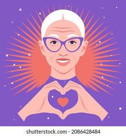 Happy elderly woman making a heart sign with her hands. Love gesture. Portrait of a loving grandmother. Valentine’s day postcard. Vector flat illustration.