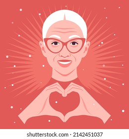 Happy elderly woman making a heart sign with her hands. Love gesture. Portrait of a loving grandmother. Valentine’s day postcard. Vector flat illustration