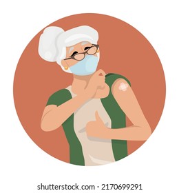 happy elderly woman with medical face mask raising thumbs up and shows bandage after flu vaccine injection. Coronavirus vaccination flat vector illustration.