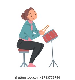 Happy Elderly Woman Playing On Drums Cartoon Style Vector Illustration