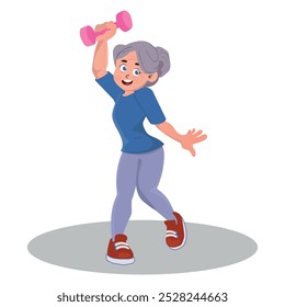 Happy elderly woman practicing physical exercise, woman with white hair with a dumbbell. vector illustration.