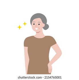 Happy elderly woman recover from chronic back pain. Confident healthy old lady standing. Health, Body injury, Positive lifestyle concept. Flat vector design illustration isolated on white background