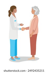 Happy elderly woman shakes the doctor's hand and thanks him for the treatment. Thanks to the doctors and nurses. Vector illustration on a white background.