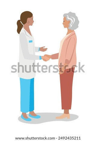 Happy elderly woman shakes the doctor's hand and thanks him for the treatment. Thanks to the doctors and nurses. Vector illustration on a white background.