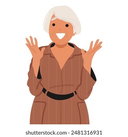 Happy Elderly Woman With Short White Hair, Wearing A Brown Outfit Has A Surprised And Joyful Expression, Hands Raised In Excitement. Cartoon Character Represents Joy, Happiness, And Positive Emotions