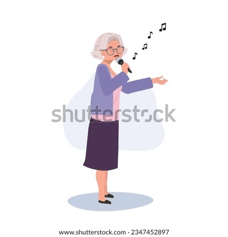  Happy Elderly Woman Singing.  Active Senior Citizen Enjoys Expressive Karaoke. Flat vector cartoon illustration