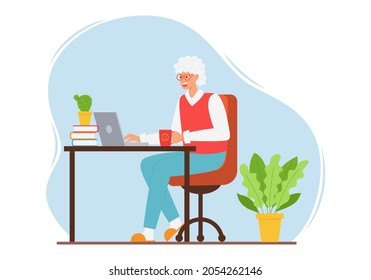 A happy elderly woman in a vest and trousers is sitting at a table with a laptop. An adult modern grandmother with gray hair uses the Internet. Color vector illustration on a spot background.