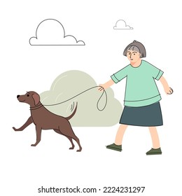 Happy elderly woman walking with a dog at summer park. Joyful owner and domestic animal enjoying promenade outdoor. Vector flat illustration. 