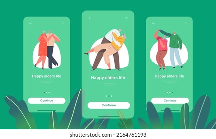 Happy Elders Life Mobile App Page Onboard Screen Template. Loving Senior Couples Dance, Romantic Relations Concept. Happy Old Men and Women Dancing Concept. Cartoon People Vector Illustration