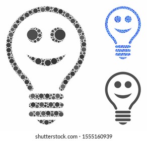 Happy electric bulb mosaic of filled circles in various sizes and color tints, based on happy electric bulb icon. Vector filled circles are grouped into blue illustration.