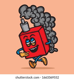 Fröhlicher elektrischer Zigarettencharakter mit Dampf. Cartoon-Illustration der Vektorillustration.